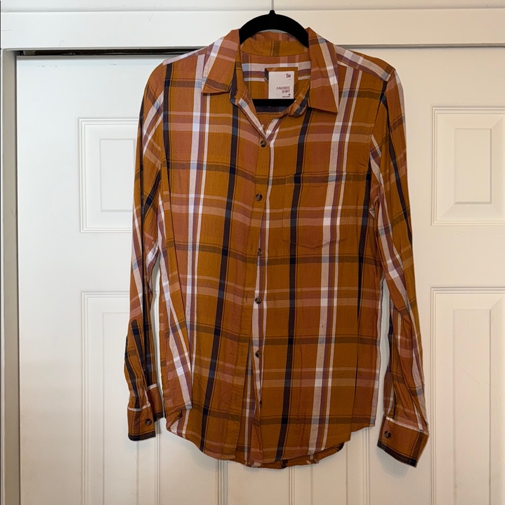 SO Brown and White Button Down Shirt Plaid